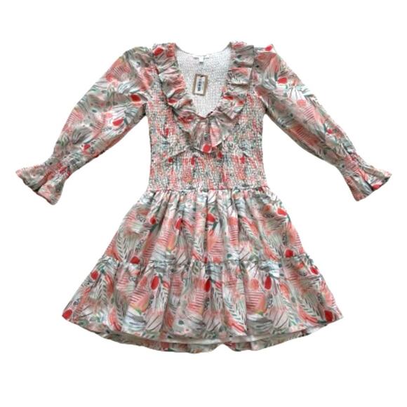 Vestique Dress Sammie Peach Green Floral Smocked V-Neck Mini Dress Small NEW - Picture 12 of 13